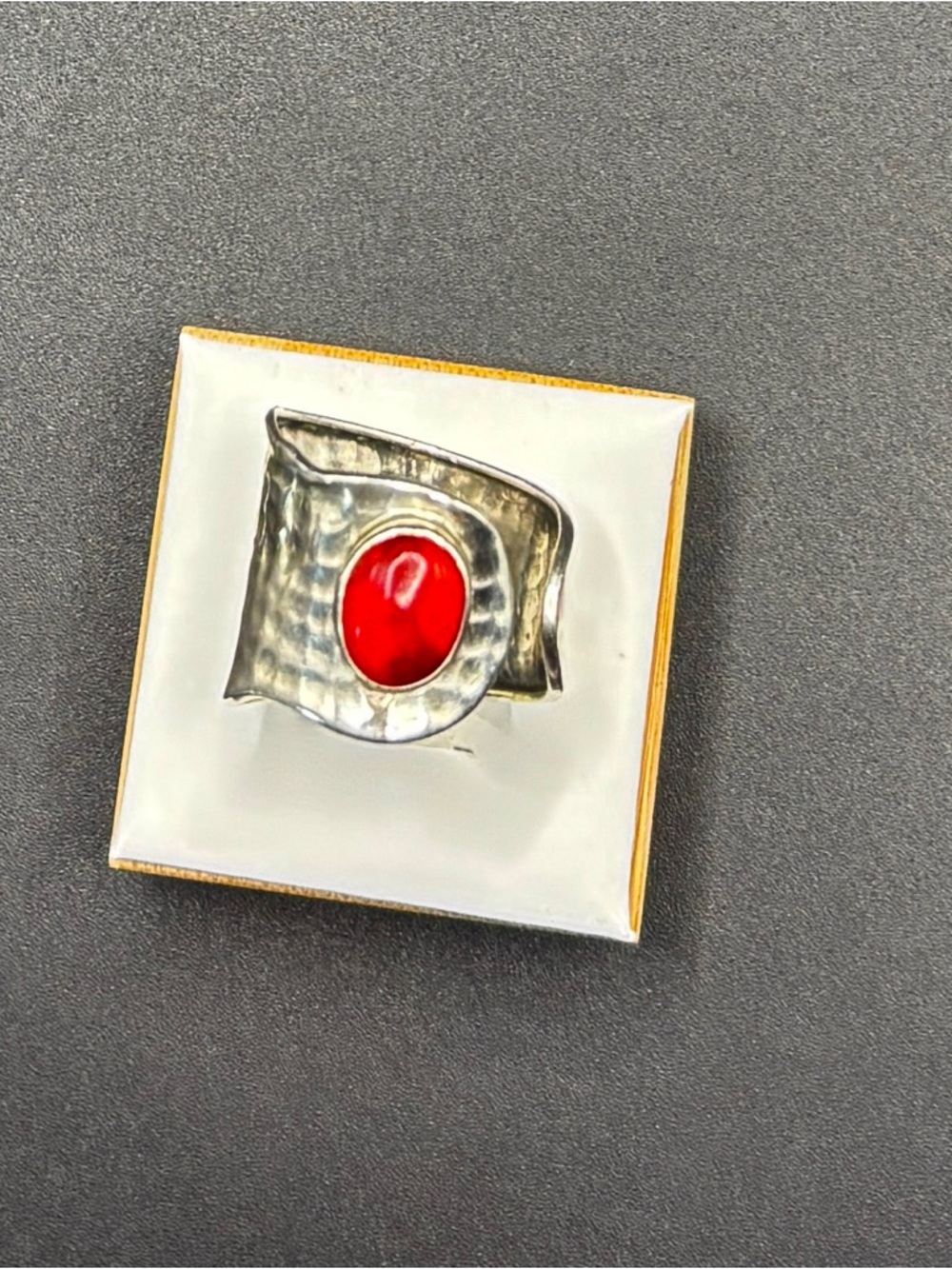 Sterling Silver Statement Ring with Red Cabochon hammered band